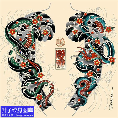 老传统双花臂蛇纹身手稿图案