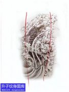 鲤鱼牡丹花纹身手稿图案
