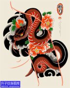 <b>老传统半甲蛇牡丹花纹身手稿图案</b>