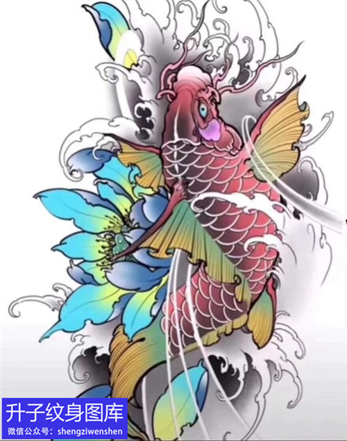 传统彩色鲤鱼荷花纹身手稿图案