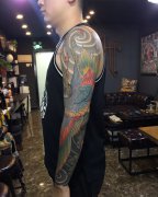<b>传统彩色仙鹤花臂纹身图案</b>