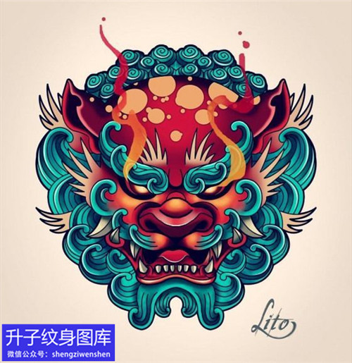 传统彩色唐狮纹身图案