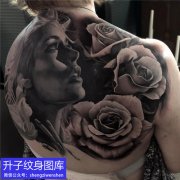 <b>后背欧美写实肖像与玫瑰花纹身图案</b>