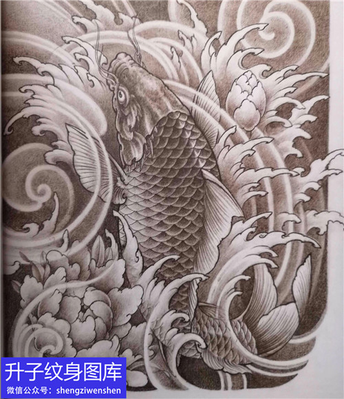 传统鲤鱼牡丹花纹身手稿图案