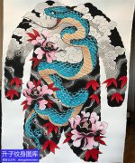 <b>满背彩色蛇牡丹花纹身手稿图案</b>