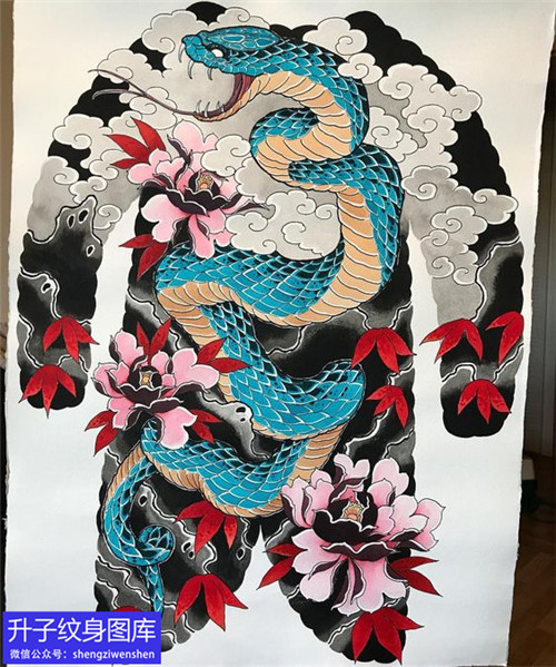 满背彩色蛇牡丹花纹身手稿图案
