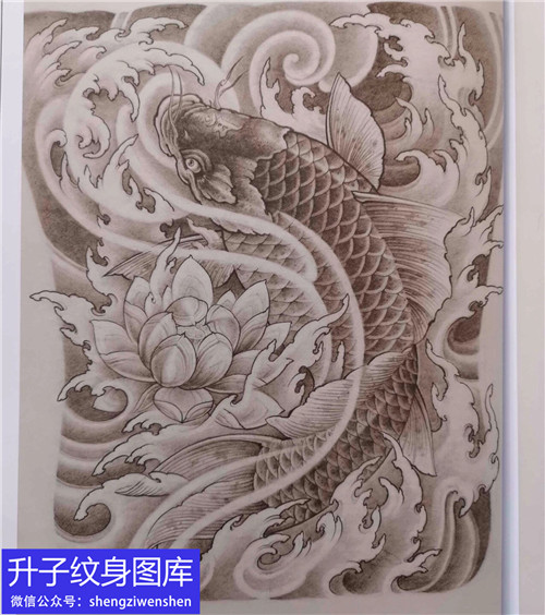 传统风格鲤鱼荷花纹身手稿图案