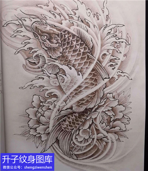 传统鲤鱼牡丹花纹身手稿图案