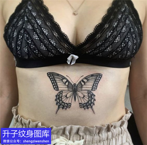 美女胸下暗黑蝴蝶纹身图案