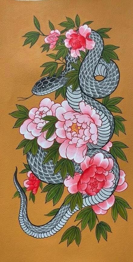 传统彩色蛇与牡丹花纹身手稿图案