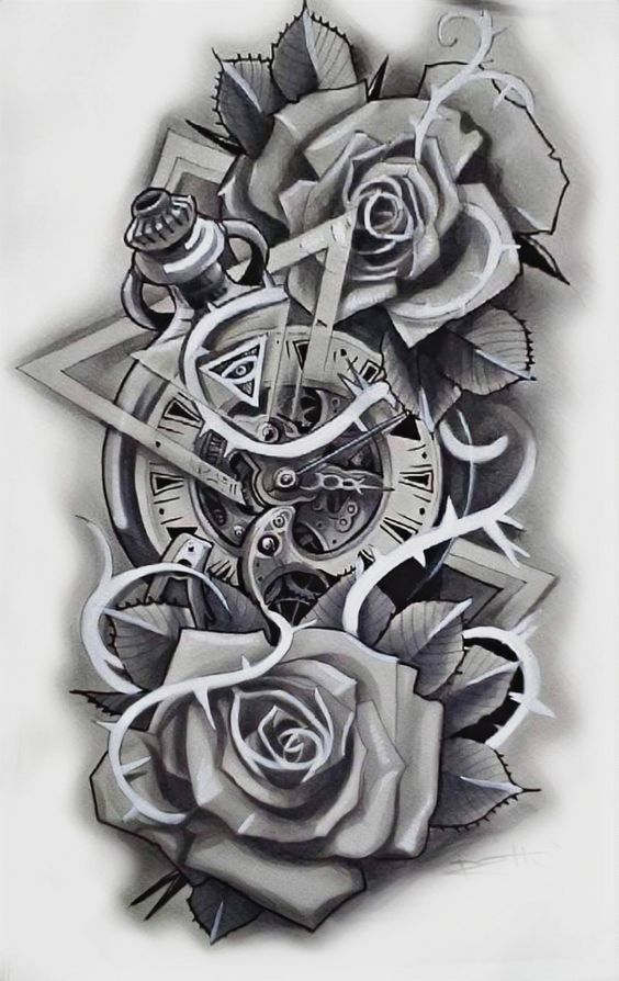 玫瑰花钟表纹身手稿