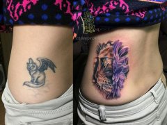 侧腰遮盖旧纹身欧美写实猫纹身图案
