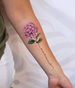 手臂内侧彩色花卉与英文字纹身