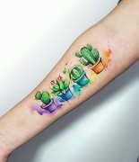 手臂内侧彩色泼墨小植物花盆纹身