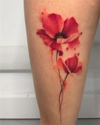 腿上彩色罂粟花纹身