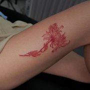 小姐姐大腿外侧红色菊花纹身