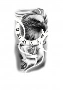 老鹰与钟表玫瑰花纹身手稿