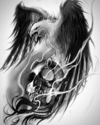 欧美黑灰老鹰与骷髅头纹身图案